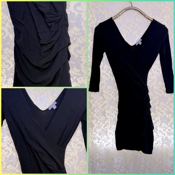 James Perse Black V-Neck Bodycon ruched mini Dress NWOT sz 0 - Picture 1 of 10
